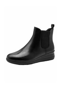 Bottines en cuir noir avec des panneaux élastiques sur les côtés, bout arrondi et talon bas en forme de coin. Fini texturé et tirant à l'arrière.