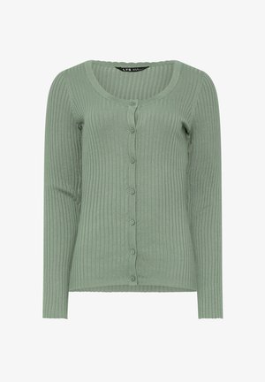 Hellgrüner, gerippter Cardigan mit Rundhalsausschnitt und Knopfleiste. Lange Ärmel und das strukturierte Gewebe betonen das ausgeklügelte Design.