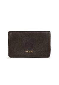 Black leather wallet with a smooth texture, featuring a gold embossed logo "nat & nin" on the lower front. Rectangular shape.