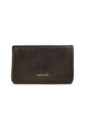 Black leather wallet with a smooth texture, featuring a gold embossed logo "nat & nin" on the lower front. Rectangular shape.