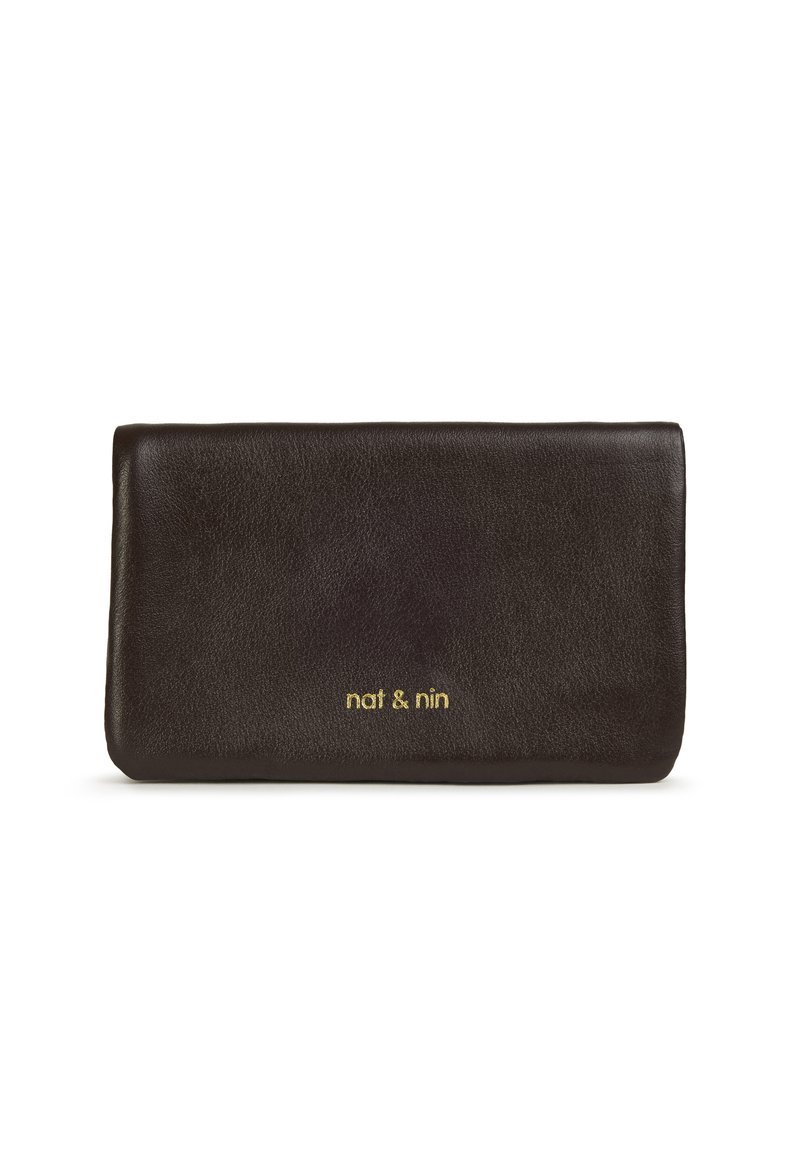 Black leather wallet with a smooth texture, featuring a gold embossed logo "nat & nin" on the lower front. Rectangular shape.