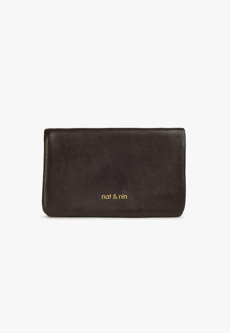 Black leather wallet with a smooth texture, featuring a gold embossed logo "nat & nin" on the lower front. Rectangular shape.