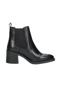 Zwarte leren enkelboots met elastische zijpanelen, een ronde neus en een chunky hak. Heeft een kleine lus aan de achterkant voor gemakkelijk aan- en uittrekken.
