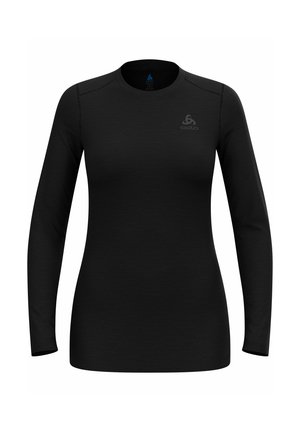 Schwarzes Langarmshirt aus weichem, elastischem Stoff. Verfügt über einen runden Halsausschnitt, flache Nähte und ein kleines Logo auf der Brust.