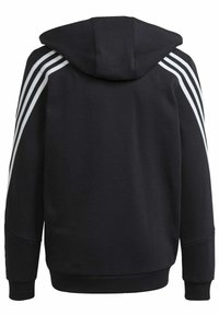 Sort hættetrøje med en stor fast hætte, har tre hvide striber, der løber ned ad begge ærmer, ribbet manchetter og talje, blød stofstruktur.