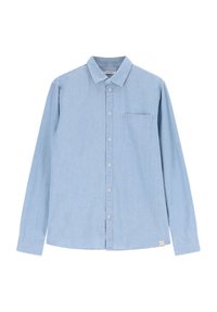 Lichtblauwe langemouw overhemd met knopen, gemaakt van katoen, met een puntige kraag, één borstzak en witte knopen in een eenvoudig ontwerp.