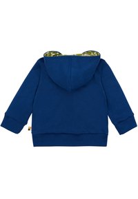 Felpa blu con una fodera interna della cappuccio a motivo verde, tessuto morbido, maniche lunghe e polsini e orlo a costine.