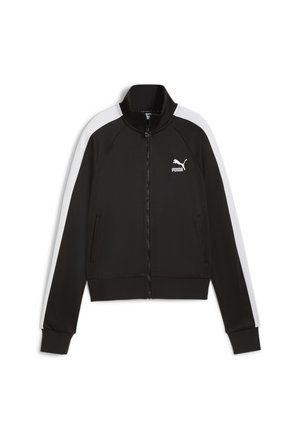 Zwarte sportieve zip-jas met witte zijpanelen, met een hoge kraag en Puma-logo op de borst. Gemaakt van gladde stof met ribgebreide manchetten.