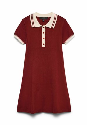 Abito polo rosso con maniche corte, colletto bianco con due righe rosse, chiusura a bottoni frontale e gonna svasata. Tessuto testurizzato.