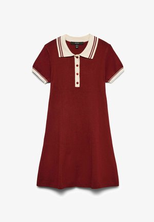 Abito polo rosso con maniche corte, colletto bianco con due righe rosse, chiusura a bottoni frontale e gonna svasata. Tessuto testurizzato.