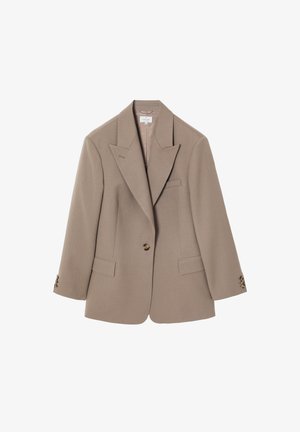 Pruun kohandatud ülikondjakk, millel on sälguga krae, kaks eesmist taskut, ühekohaline lukustus ja kuldtooni riistvaradetailid. Klassikaline lõikekuju.