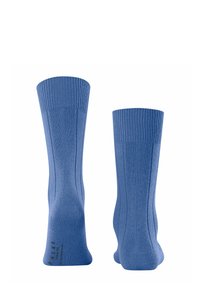 Blaue Baumwollsocken mit gerippten Bündchen und vertikalen Streifen, ausgestattet mit verstärkten Fersen und Zehen für Langlebigkeit. Weiche Textur insgesamt.