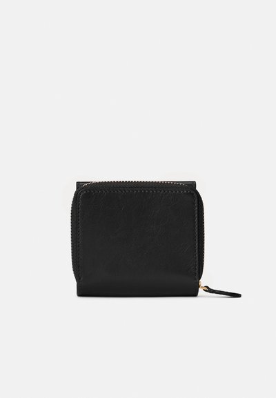 Black leather wallet with a zip closure, compact rectangular shape, smooth texture, and gold-tone hardware detail.