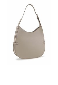 Hobo-tas van zacht beige textuurl leer, met een gebogen silhouet en een enkele verstelbare riem. Eenvoudig ontwerp met minimale hardware.