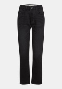 Jeans in denim nero con gamba dritta, design a cinque tasche, zip e passanti per cintura. Presentano una leggera sfumatura e una consistenza liscia.