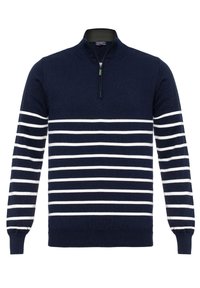 Suéter de punto azul marino con rayas horizontales blancas, mangas largas, puños y dobladillo acanalados, y cuello con media cremallera.