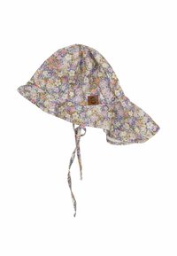 Blomstrig bucket hat i lätt tyg, med bred skärm, hakanband och ett märkesläderpatch. Flerfärgat blommönster över hela.