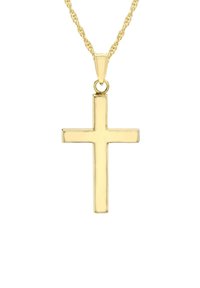 Gouden kruis hanger aan een gestructureerde ketting, met een gladde, gepolijste afwerking en een lus aan de bovenkant voor bevestiging.