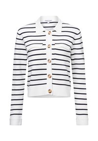 Gestreifter Knopf-Cardigan in Weiß und Marineblau, mit zwei vorderen Taschen, einem Kragenhalstitel und großen Holzknöpfen. Weiche Strickstruktur.