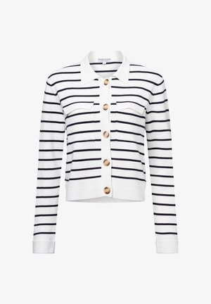 Gestreifter Knopf-Cardigan in Weiß und Marineblau, mit zwei vorderen Taschen, einem Kragenhalstitel und großen Holzknöpfen. Weiche Strickstruktur.