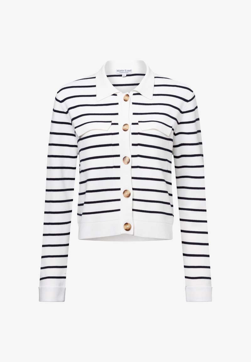 Gestreifter Knopf-Cardigan in Weiß und Marineblau, mit zwei vorderen Taschen, einem Kragenhalstitel und großen Holzknöpfen. Weiche Strickstruktur.