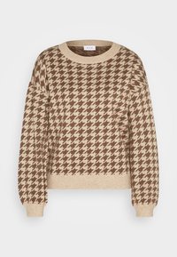 Beige och brun hundtandsmönstrad stickad tröja med långa puffärmar och ribbade mudd, halsringning och nederkant.