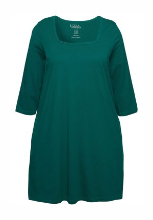 Teal, puuvillainen tunika, jossa on neliön muotoinen pääntie ja ¾-hihat. Rento malli, yksivärinen, minimaaliset yksityiskohdat, sopii arkiseen käyttöön.