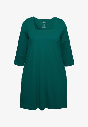 Tyrkis, bomulds-tunika med firkantet udskæring og ¾ ærmer. Løs pasform, ensfarvet, minimal detaljer, egnet til afslappet brug.