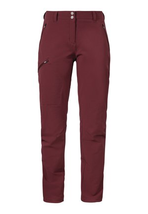 Burgunderfarbene Outdoor-Hosen aus strapazierfähigem Material; ausgestattet mit zwei seitlichen Reißverschlusstaschen, einem Knopfverschluss und einem geraden Bein-Design.