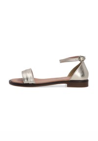 Plochá sandal s metalickým zlatým povrchem. Má široký přední pásek a kotníkový pásek se sponou. Plochá podrážka, minimalistický design.