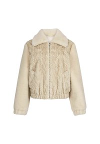 La giacca cropped beige presenta un davanti in maglia a treccia testurizzata e maniche in morbido fleece. Ha un colletto in pelliccia sintetica e una zip centrale.
