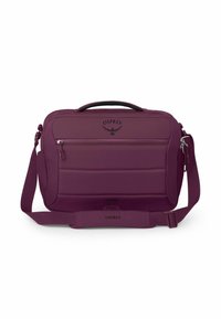 Borsa per laptop viola con design imbottito, tracolla regolabile, tasca frontale con zip e logo sul pannello anteriore. Texture del tessuto liscia.