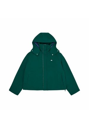 Groene hoodie jack met een rits aan de voorkant, zijzakken en een gladde textuur. Heeft een contrasterende binnenvoering met een subtiel patroon.
