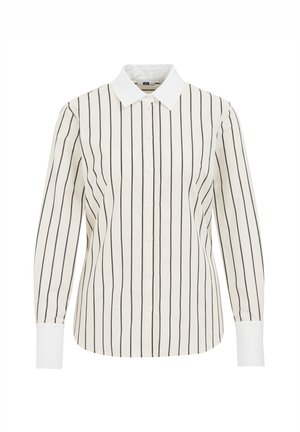 Striped long-sleeve shirt, cream with thin black vertical lines, button-down front, classic white collar, and cuffed sleeves. Soft fabric.