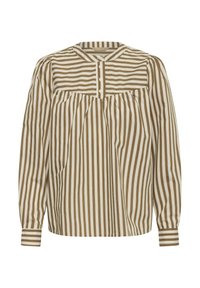 Blusa a maniche lunghe con strisce verticali marroni e bianche, colletto tondo, patta con bottoni e dettaglio arricciato sul petto.