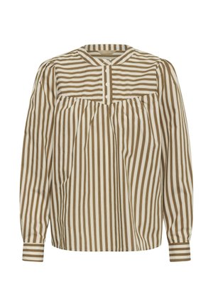 Blusa de manga larga con rayas verticales marrones y blancas, cuello redondo, tapeta de botones y detalle fruncido en el pecho.