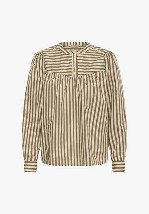 Blusa de manga larga con rayas verticales marrones y blancas, cuello redondo, tapeta de botones y detalle fruncido en el pecho.