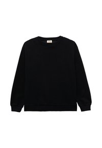 Sudadera negra de algodón con textura acanalada, cuello redondo y mangas largas. Presenta un dobladillo recto y un diseño minimalista.
