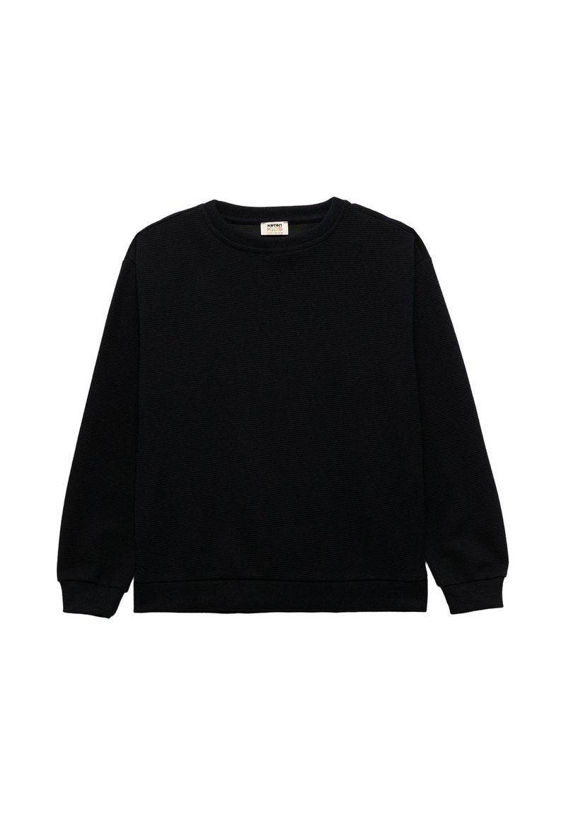 Sudadera negra de algodón con textura acanalada, cuello redondo y mangas largas. Presenta un dobladillo recto y un diseño minimalista.