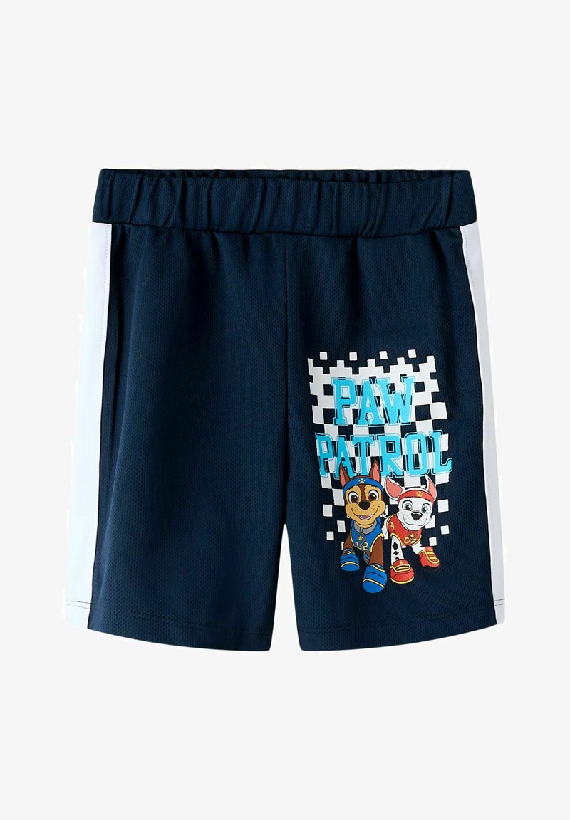 Marineblå børneshorts med hvide sidelister, med Paw Patrol-figurerne Chase og Marshall samt teksten "PAW PATROL" på højre ben.