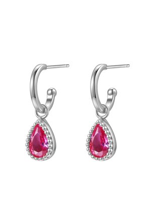 Silver hoop earrings feature a teardrop-shaped pink gem surrounded by a beaded border, offering a polished, reflective finish.