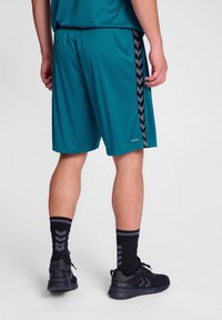 Teal träningsshorts med svart sidopanel som har ett fiskbensmönster. Mjuk tyg, elastisk midja och en logotyp nära fållen.