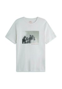 Camiseta blanca de algodón con un estampado gráfico de palmeras en blanco y negro, con un texto en rojo "PORQUE NO HAY UN PLANETA E."