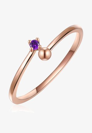 Rings in rosaguld med en tynd ring, prydet med en enkelt rund lilla ædelsten sat i kløer og en glat sfærisk aksent på den modsatte side.