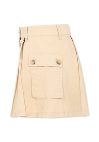 Gonna beige con vita alta, tasca posteriore rettangolare con dettagli di bottone e orlo svasato, realizzata in tessuto leggero.