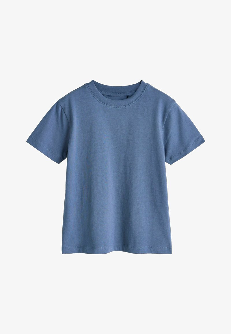 T-shirt blu in cotone a maniche corte con scollo rotondo classico, caratterizzata da una texture liscia, orlo diritto, fianchi senza cuciture e design essenziale.