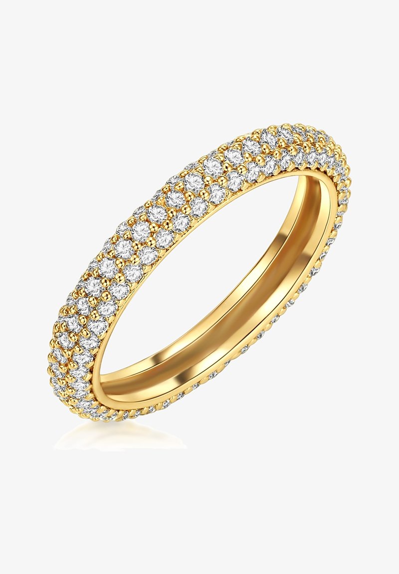 Arany gyűrű, amelynek külső részét kis kerek drágakövek gyűrűje veszi körül. Sima belső felület, részletes gyöngyözéssel a széleken.