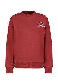Rotes Sweatshirt mit Rundhalsausschnitt, gerippten Bündchen und Saum. Mit weißem "Frohe Weihnachten"-Text und Schneeflocken-Grafiken auf der Vorderseite.