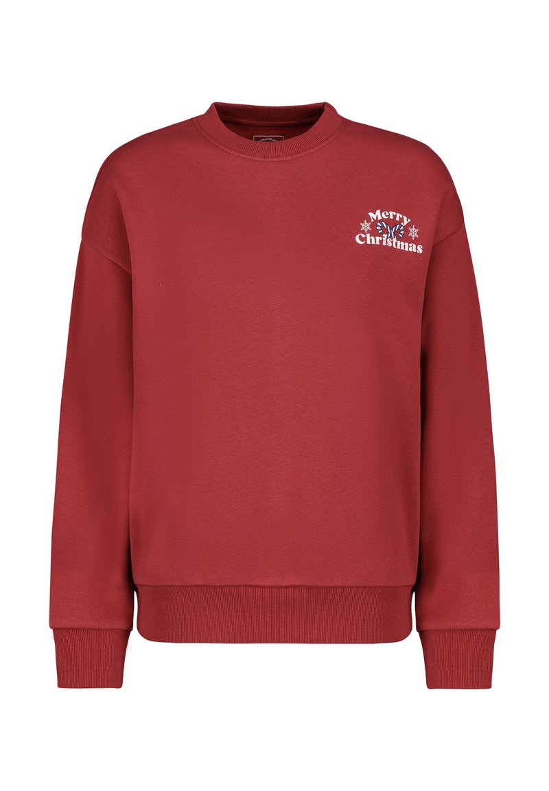 Rotes Sweatshirt mit Rundhalsausschnitt, gerippten Bündchen und Saum. Mit weißem "Frohe Weihnachten"-Text und Schneeflocken-Grafiken auf der Vorderseite.
