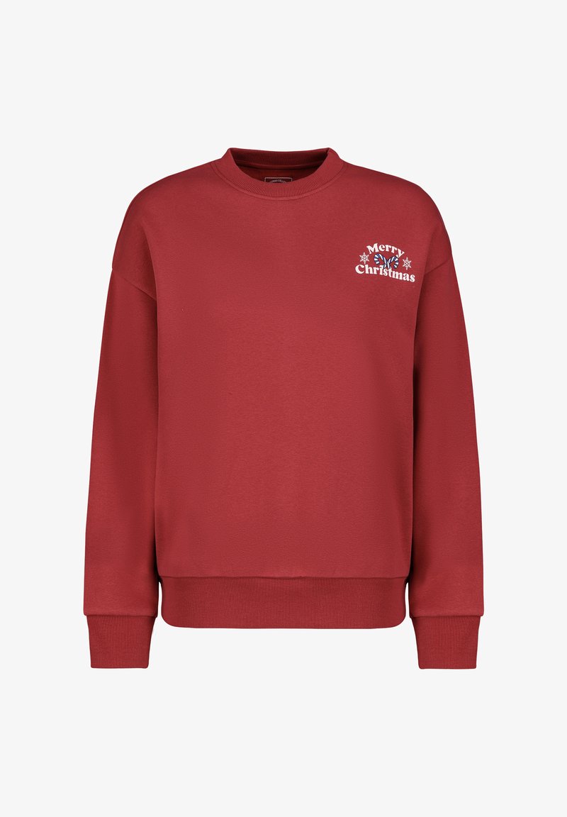 Rotes Sweatshirt mit Rundhalsausschnitt, gerippten Bündchen und Saum. Mit weißem "Frohe Weihnachten"-Text und Schneeflocken-Grafiken auf der Vorderseite.